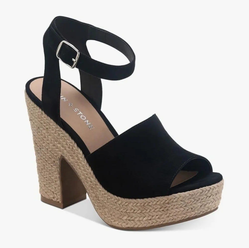 EUC Sun + Stone Fey Black Platform Faux Suede Sandals with Ankle Strap
